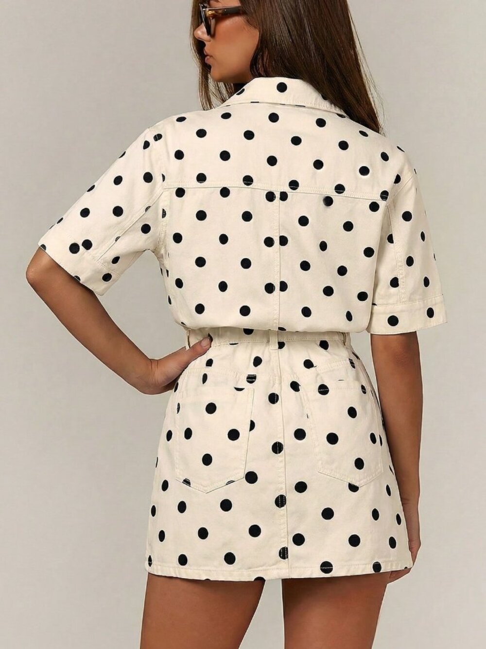 Casual Women's Denim Multifunctional Polka Dot Print Button Pocket Denim Dress - Picture 2 of 5
